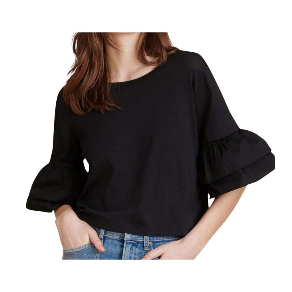 VERONICA BEARD JEANS Black Rickie Cropped Top POPLIN RUFFLE TIERED SLEEVES sz S